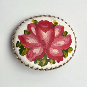 Vintage Porcelain Brooch Hand Painted Rose Flower Oval Victorian Pin